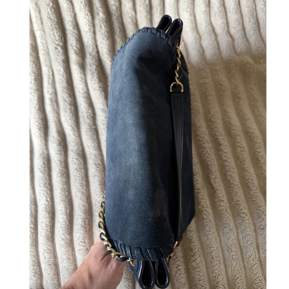 Tory Burch Marion Navy Blue Suede Whipstitch Chain Crossbody Bag